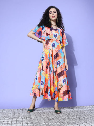 Multi Colour Abstract Printed V-Neck A-Line Dress
